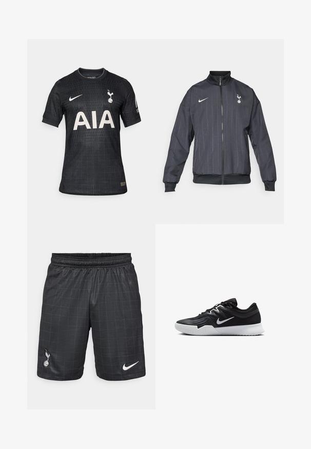 Nike črna športna jakna z visokim ovratnikom, sprednjim zadrgo, teksturiranim vzorcem, belimi logotipskimi akcenti ter elastičnimi manšetami in hemom.; Črni nogometni dres iz lahkega blaga, z teksturiranim vzorcem, okroglim izrezom, kratkimi rokavi in belim sprednjim logotipom "AIA".; Črne atletske kratke hlače z mrežnim vzorcem, z elastičnim pasom, vključujejo Nikeovo belo oznako in črn simbol Spurs na spodnjem levem delu.; Črne atletske čevlje z teksturirano zgornjico, belim Nike znakom in belim gumijastim zunanjim podplatom. Imajo vezalni dizajn in dinamično obliko.