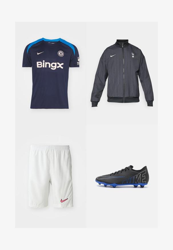 Schwarze Nike-Laufjacke mit hohem Kragen, Frontreißverschluss, strukturiertem Muster, weißen Logoakzenten sowie elastischen Bündchen und Saum.; Marineblaue Nike-Fußballtrikot mit hellblauen Akzenten, ausgestattet mit Rundhalsausschnitt, kurzen Ärmeln und dem "Bingx"-Logo in Cremefarbe auf der Vorderseite. Chelsea-Wappen ist ebenfalls enthalten.; Weiße Sportshorts aus leichtem Stoff. Mit einem elastischen Bund und einem pinken Nike-Logo am unteren linken Bein.; Schwarze Fußballschuhe mit blauen Akzenten, strukturiertem Obermaterial, auffälligem Nike-Logo und sechs schwarzen Stollen auf einer blauen Sohle für Traktion.