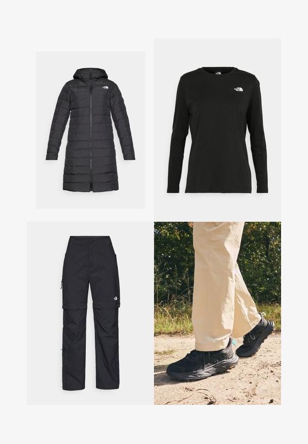 The North Face ACONCAGUA - Geacă cu puf - black; Iarna neagră cu mânecă lungă, din bumbac, cu guler rotund. Prezintă un mic logo alb în zona pieptului stâng. Design simplu și croi lejer.; Pantaloni cargo din nylon negru, cu fermoar detașabil, manșete ajustabile, multiple buzunare și un logo pe piciorul drept. Textură netedă și ușoară.; Tenisi de hiking negri cu un superior texturat, închidere cu șireturi și o talpă groasă cu logo-ul Vibram. Purtați cu pantaloni de culoare deschisă.