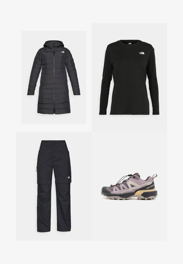 The North Face ACONCAGUA - Kabát z prachového peří - black; Černé tričko s dlouhým rukávem vyrobené z bavlny s kulatým výstřihem. Na levé části hrudi se nachází malé bílé logo. Jednoduchý design a střih.; Černé nylonové cargo kalhoty na zip s nastavitelnými manžetami, několika kapsami a logem na pravé noze. Hladká, lehká textura.; Světlé fialové turistické boty s vrchním dílem z prodyšného materiálu a gumovou špičkou, se systémem rychlého šněrování a podrážkou Contagrip pro lepší trakci.
