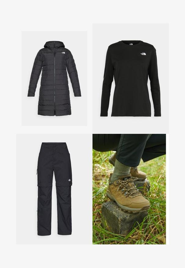 The North Face ACONCAGUA - Down coat - black; Black long-sleeve t-shirt made of cotton with a round neck. Features a small white logo on the left chest area. Simple design and fit.; Black nylon zip-off cargo trousers with adjustable cuffs, multiple pockets, and a logo on the right leg. Smooth, lightweight texture.; Beige hiking shoes with textured suede and mesh upper, reinforced toe, and patterned laces, resting on a stone in grassy terrain.