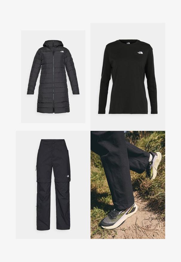 The North Face ACONCAGUA - Down coat - black; Black long-sleeve t-shirt made of cotton with a round neck. Features a small white logo on the left chest area. Simple design and fit.; Black nylon zip-off cargo trousers with adjustable cuffs, multiple pockets, and a logo on the right leg. Smooth, lightweight texture.; Salomon GENESIS - Trail running shoes - black/sulphur spring/orchid petal