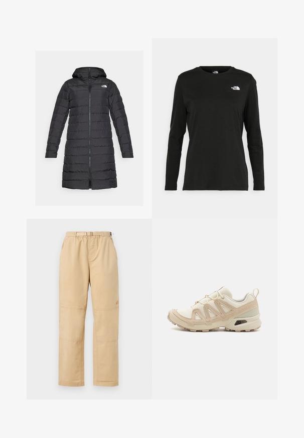 The North Face ACONCAGUA - Donsjas - black; Zwart langsluiting T-shirt van katoen met een ronde hals. Heeft een klein wit logo op de linkerkant van de borst. Eenvoudig ontwerp en pasvorm.; Beige katoenen broek met een ontspannen pasvorm, voorzien van een elastische tailleband, zijzakken en verstevigde stiksels bij de knieën voor duurzaamheid.; Beige en crème sportschoen met een textuur-mesh bovenwerk, ondersteunende overlays en een rubberen zool met een profielpatroon voor grip.