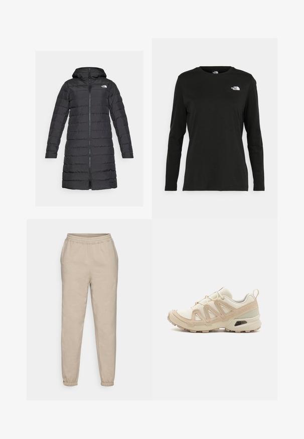 The North Face ACONCAGUA - Untuvatakki - black; Musta pitkähihaisen t-paita, joka on valmistettu puuvillasta ja jossa on pyöreä kaula-aukko. Vasemmassa rinnassa on pieni valkoinen logo. Yksinkertainen muotoilu ja istuvuus.; Beige-harmaat, jotka on valmistettu pehmeästä puuvillasekoitekankaasta. Varustettu joustavalla vyötärönauhalla ja kavennetuilla hihansuilla rennon istuvuuden takaamiseksi.; Beige ja kreemi värvi sportlikud jalanõud, millel on tekstiilne mesh ülemine osa, toetavad ülekatted ja kummist tald, millel on mustripattern haardeks.