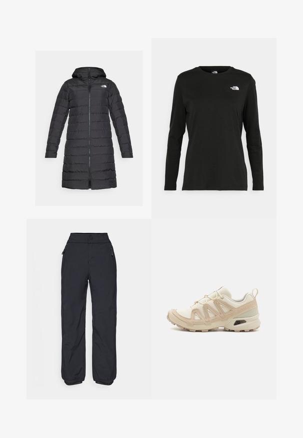 The North Face ACONCAGUA - Down coat - black; Black long-sleeve t-shirt made of cotton with a round neck. Features a small white logo on the left chest area. Simple design and fit.; Black, waterproof pants with a straight leg design, zippered side pockets, and elastic cuffs at the ankles. Smooth texture and durable material.; Beige and cream athletic shoe with textured mesh upper, supportive overlays, and rubber outsole featuring a tread pattern for traction.