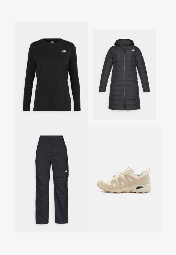 The North Face ACONCAGUA - Dunkappa / -rock - black; Svart långärmad t-shirt i bomull med rund hals. Har en liten vit logotyp på vänster bröstområde. Enkelt design och passform.; Svarta nylonbyxor med avtagbara ben, justerbara muddar, flera fickor och en logotyp på högra benet. Slät, lätt textur.; Beige och krämfärgad atletisk sko med texturerad meshovandel, stöttande överdrag och gummisulor med ett mönster för grepp.