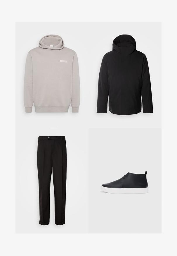 Calvin Klein HOODED JACKET - Zimní bunda - black; Světle šedá mikina s kapucí vyrobená z měkké bavlněné směsi. Má přední kapsu, žebrované manžety a malé logo na hrudi. Jednoduchý design.; Černé kalhoty s hladkou texturou, rázovaného střihu, dvěma předními kapsami a jedním knoflíkovým zapínáním v pase.; Černé kožené vysoké tenisky s hladkým povrchem, bílou gumovou podrážkou a jednoduchým šněrováním. Obsahují poutko na zadní straně.