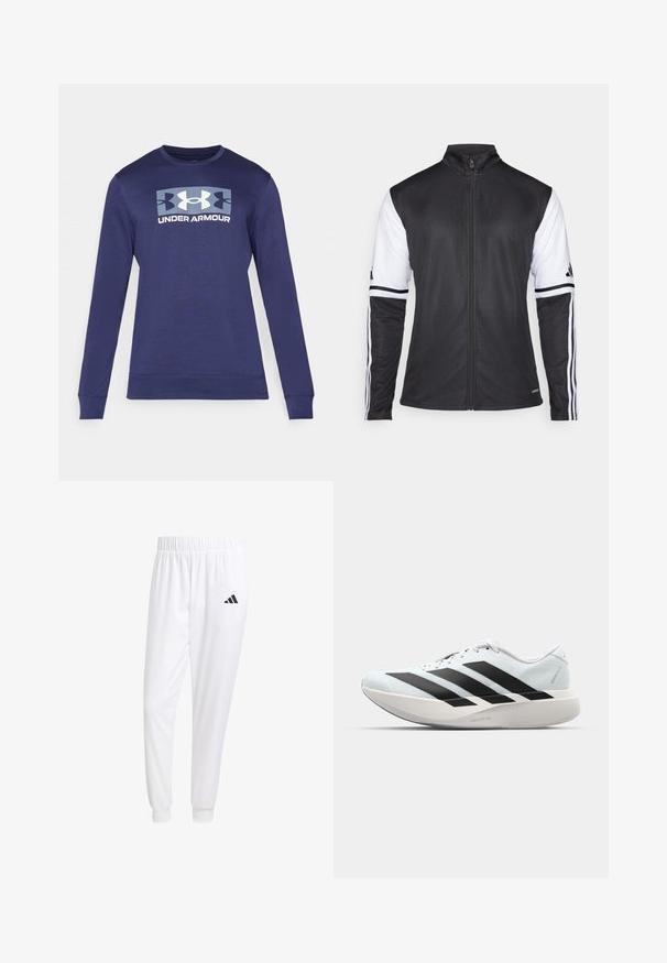 Casaco atlético preto com fecho à frente, mangas brancas e três riscas brancas verticais em cada braço. Feito de material sintético suave.; Sweatshirt azul-marinho feito de tecido suave, apresentando um grande logótipo da Under Armour em azul claro e branco na parte frontal. Decote redondo clássico.; Calças esportivas brancas feitas de tecido suave, com uma cintura elástica e punhos ajustados, apresentando um logo preto no bolso de trás.; Tênis de corrida leves em azul pálido com riscas pretas. Apresentam um cabedal liso, bico redondo e uma entressola espessa branca rotulada como "LIGHTSTRIKE PRO."