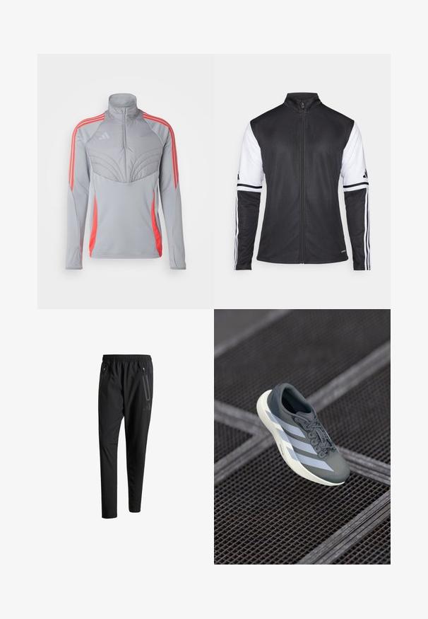 Casaco atlético preto com fecho à frente, mangas brancas e três riscas brancas verticais em cada braço. Feito de material sintético suave.; Casaco atlético cinza com colarinho alto, painel texturizado no peito e riscas laranja nos ombros e lados. Material leve.; Calças de treino pretas com uma cintura elástica, dois bolsos laterais com fecho, pernas ajustadas e um discreto detalhe de logotipo no quadril.; Shoe desportivo em cinza e branco, feito de material sintético, com um design aerodinâmico, acabamento texturizado e um sistema de atacadores proeminente.
