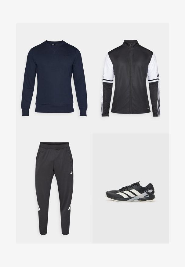 Melnā sporta jaka ar rāvējslēdzēju priekšpusē, baltām piedurknēm un trim vertikālām baltām strīpām uz katras rokas. Izgatavota no gluda sintētiska materiāla.; Jūraszila džemperis ar garām piedurknēm un apaļu kakla izgriezumu. Ar nelielu "BORG" logotipu uz krūšu daļas. Mīksta, teksturēta auduma.; Melnas sporta bikses ar šaurākiem galiem, elastīgu jostasvietu, sānu kabatām, kā arī baltu logo un svītru detaļām. Izgatavotas no gluda, viegla materiāla.; Melnas sporta kurpes ar baltām svītrām, acs augšdaļa, noapaļots pirksts un mīksts zole. Iespējams ar teksturētu papēdi un drošu šņoru sistēmu.