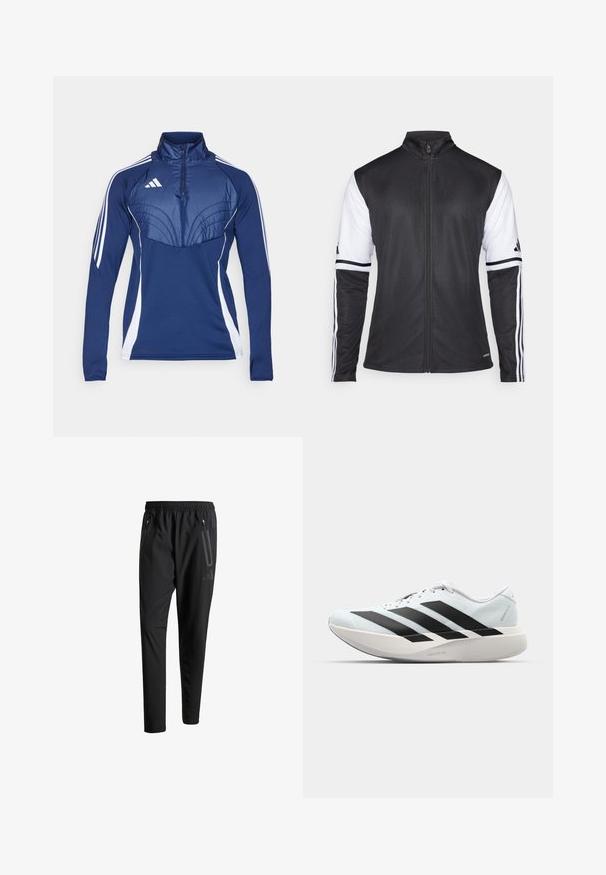Crni sportski jakna s patentnim zatvaračem sprijeda, bijelim rukavima i tri vertikalne bijele pruge na svakoj ruci. Izrađena od glatkog sintetičkog materijala.; Mornarskoplavi atletski top s kragnom na polu zatvarač, bijelim bočnim panelima i teksturiranim detaljima na prsima. Sadrži Adidas logo s lijeve strane.; Crne atletske hlače s elastičnim pojasom, dva bočna džepa sa zatvaračem, suženi nogavici i diskretnim logotipom na kuku.; Lagane tenisice za trčanje u svijetloplavoj boji s crnim trakama. Imaju glatku gornju površinu, okrugli vrh i debeli bijeli srednji sloj označen "LIGHTSTRIKE PRO."