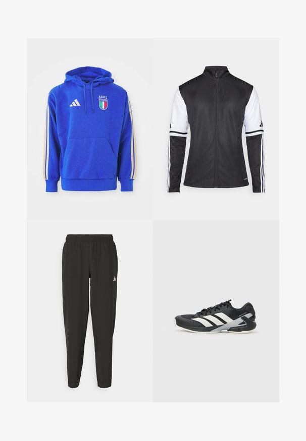 Jachetă sport neagră cu fermoar în față, mâneci albe și trei dungi verticale albe pe fiecare braț. Fabricată din material sintetic neted.; Hanorac din bumbac albastru, cu buzunar frontal, glugă cu șnur, design cu trei dungi Adidas de culoare aurie și emblema Italiei cu stele.; Pantaloni sportivi negri cu talie elastică, croi slim, și logo alb pe piciorul stâng. Material neted, ușor.; Pantofii sport negri cu dungi albe, superior din plasă, vârf rotunjit și talpă îmbunătățită pentru amortizare. Au o călcătură texturată și un sistem de șireturi securizat.