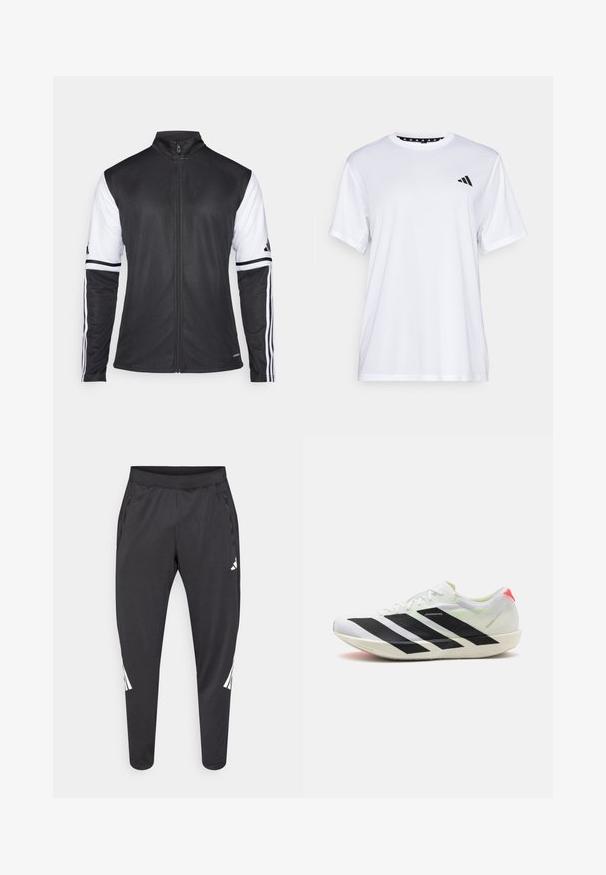 Veste de sport noire avec fermeture éclair à l'avant, manches blanches et trois rayures blanches verticales sur chaque bras. Fabriquée en matériau synthétique lisse.; T-shirt de sport blanc à manches courtes, fabriqué en tissu évacuant l'humidité. Présente un logo noir sur la poitrine gauche et un col intérieur à motifs.; Pantalon de sport noir à jambes fuselées, taille élastique, poches latérales, avec un logo blanc et des détails à rayures. Confectionné dans un matériau lisse et léger.; Chaussure de sport blanche avec des rayures diagonales noires, en matière en maille légère, accents verts et contrefort rouge ; présente un design élégant et allongé.