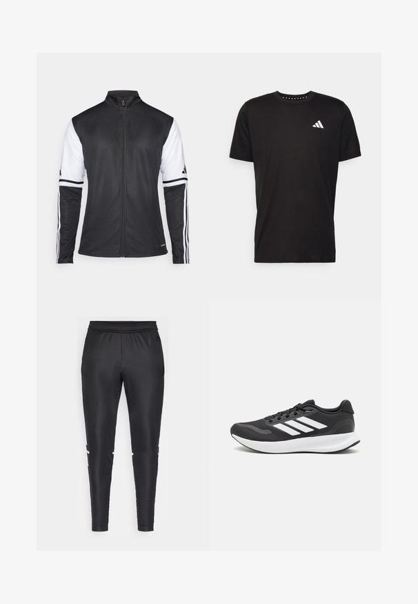 Černá sportovní bunda se zipem vpředu, bílými rukávy a třemi vertikálními bílými pruhy na každém rukávu. Vyrobena z hladkého syntetického materiálu.; Černé bavlněné tričko s krátkým rukávem, kulatým výstřihem a bílým logem na levé hrudi. Hladká textura a jednoduchý design.; Černé sportovní kalhoty vyrobené z hladkého materiálu, s přiléhavým střihem, elastickým pasem a bílými akcentními pruhy po stranách.; Černá sportovní obuv s prodyšným síťovaným svrškem, bílými akcenty a polstrovanou podrážkou. Na boku se nachází logo se třemi pruhy.