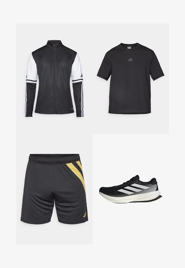 Chaqueta deportiva negra con cierre frontal, mangas blancas y tres rayas blancas verticales en cada brazo. Hecha de un material sintético suave.; Camiseta deportiva negra hecha de material transpirable, con mangas cortas, cuello redondo y un logo reflectante en el pecho.; Pantalones cortos deportivos negros con un diseño de franjas diagonales amarillas, cintura elástica y textura suave, adecuados para deportes y ejercicio.; Zapato deportivo negro con un diseño de malla, que presenta rayas blancas, una puntera redondeada y una suela texturizada para agarre y soporte.