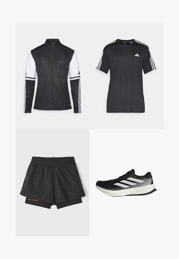 Chaqueta deportiva negra con cierre frontal, mangas blancas y tres rayas blancas verticales en cada brazo. Hecha de un material sintético suave.; Camiseta negra de manga corta con diseño de tres franjas blancas en los hombros y logo en el pecho. Fabricada con un tejido transpirable y de textura suave.; Shorts deportivos negros con cintura elástica, forro interior y paneles laterales perforados. Presenta una marca en naranja en la parte inferior de la pierna.; Zapato deportivo negro con un diseño de malla, que presenta rayas blancas, una puntera redondeada y una suela texturizada para agarre y soporte.
