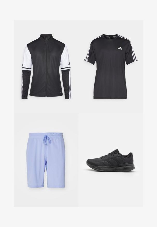 Fekete sportos dzseki cipzárral az elején, fehér ujjakkal és mindkét karon három függőleges fehér csíkkal. Simító, szintetikus anyagból készült.; Fekete, rövid ujjú póló, fehér háromcsíkos mintával a vállakon és logóval a mellkasán. Lélegző anyagból készült, sima tapintású.; adidas Performance TENNIS ERGO - Sport rövidnadrágok - blue spark; Fekete sportcipő, hálós felsőrésszel, gumitalppal, textúrált dizájnnal és háromcsíkos részlettel az oldalon. Habpárnázás a kényelem érdekében.