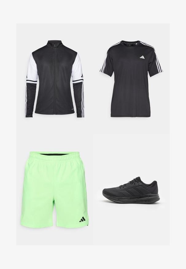 Črna atletska jakna z zadrgo spredaj, belimi rokavi in tremi navpičnimi belimi črtami na vsaki roki. Narejena iz gladkega sintetičnega materiala.; Črna majica s kratkimi rokavi z belim dizajnom treh črt na ramenih in logotipom na prsih. Narejena iz zračnega materiala, gladke teksture.; Svetlozelene atletske kratke hlače z elastičnim pasom, stranskimi žepi in črnim Adidasovim logotipom na spodnjem levem delu. Gladek, lahek material.; Črne športne čevlje z mrežasto zgornjico, gumijastim podplatom, teksturiranim dizajnom in tremi črtami na strani. Pena za udobje.