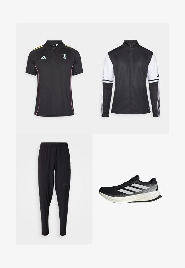 Sort atletisk jakke med lynlås foran, hvide ærmer og tre lodrette hvide striber på hver arm. Fremstillet af glat syntetisk materiale.; Sort polo t-shirt med krave, pink sidepiping og lyseblå logoer. Har tre gule striber på skuldrene.; Sorte træningsbukser med elastisk talje, tætsiddende design, sidelommer og diskret logo-detail. Fremstillet af fleksibelt, åndbart stof.; Sort atletisk sko med mesh-design, der har hvide striber, en rund tå og en tekstureret sål for greb og støtte.