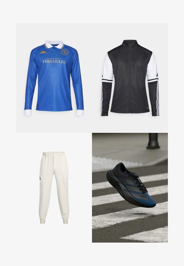Giacca sportiva nera con zip frontale, maniche bianche e tre strisce bianche verticali su ciascun braccio. Realizzata in materiale sintetico liscia.; Maglia da calcio a maniche lunghe blu con colletto bianco, caratterizzata da loghi e testo dorati, un motivo diagonale testurizzato e polsini bianchi a contrasto.; Pantaloni jogger beige chiaro con vita elastica, tasche laterali e polsini a costine; presentano un accento del logo nero sull'anca sinistra.; Scarpa sportiva nera e blu con un design aerodinamico, presenta una tomaia testurizzata, strisce a contrasto e una suola ammortizzata, sospesa sopra l'asfalto.