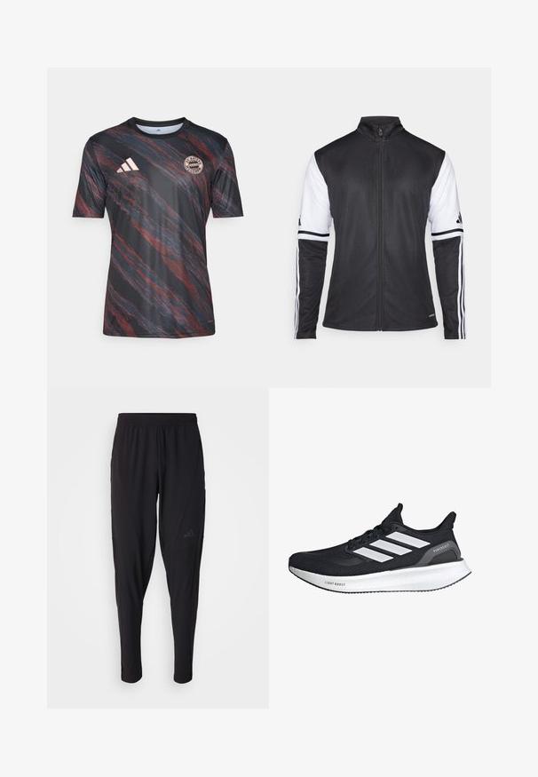 Črna atletska jakna z zadrgo spredaj, belimi rokavi in tremi navpičnimi belimi črtami na vsaki roki. Narejena iz gladkega sintetičnega materiala.; Črna in rdeča črtasta majica s kratkimi rokavi in krožnim izrezom, ki ima na prsih logo Adidas in emblem Bayerna iz Municha.; Črne športne hlače z elastiko v pasu, zožanega kroja, stranskimi žepi in diskretnim logotipom. Narejene iz fleksibilnega, zračnega materiala.; Črne tekaške čevlje z belim dizajnom treh črt. Zračen mrežasti zgornji del, oblazinjen bel podplat z napisom "LIGHT BOOST" in minimalistični dodatki.