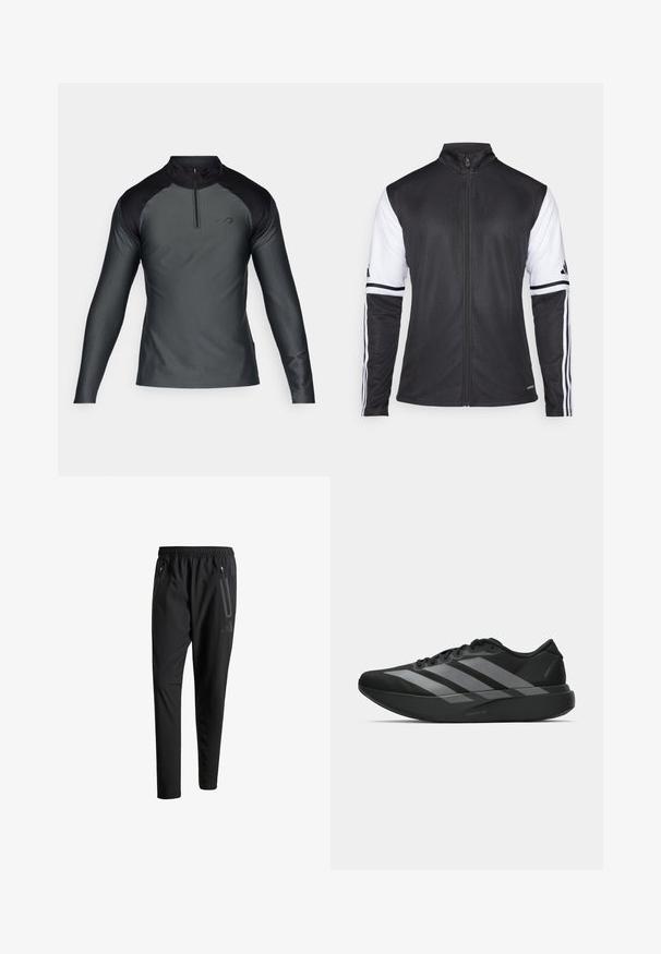 Schwarze Sportjacke mit Reißverschluss auf der Vorderseite, weißen Ärmeln und drei vertikalen weißen Streifen an jedem Arm. Aus glattem synthetischen Material gefertigt.; Langärmeliger, dunkelgrauer Sportpullover mit schwarzen Schultern und einem viertelzipper Kragen auf weißem Hintergrund.; Schwarze Sporthose mit elastischem Bund, zwei Reißverschlusstaschen an den Seiten, schmal zulaufenden Beinen und einem dezenten Logo-Detail an der Hüfte.; Schwarze Sportschuhe mit einem leichten Design, ausgestattet mit drei auffälligen grauen Streifen, einer glatten Textur und einer konturierten Sohle.