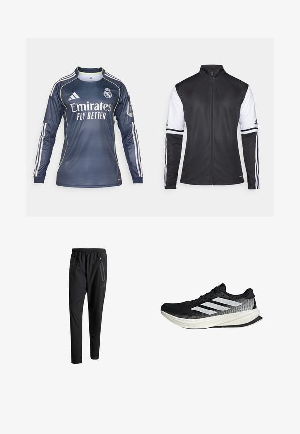 Musta urheilutakki, jossa on vetskari edessä, valkoiset hihat ja kolme pystysuoraa valkoista raitaa kummassakin hihassa. Valmistettu sileästä synteettisestä materiaalista.; Maalivahtipaita tummansinisena, jossa valkoiset yksityiskohdat ja ribbikuvio. "Emirates Fly Better" -logo etupuolella, kolme raitaa hihoissa.; Mustat urheiluhousut, joissa on joustava vyötärö, kaksi vetoketjullista sivutaskua, kapenevat lahkeet ja hillitty logokuvaus lonkalla.; Musta urheilukengä, jossa on verkkomaisia yksityiskohtia, valkoiset raidat, pyöristetty kärki ja pintakuvioitu pohja pidon ja tuen tarjoamiseksi.