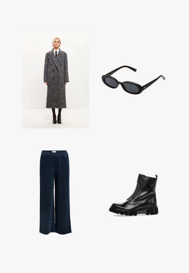 Gray wool blend double-breasted coat with a textured finish, large notched collar, and black buttons, reaching mid-calf length.; Black cropped hoodie made of soft fabric, featuring a drawstring hood, front kangaroo pocket, and a small white Nike logo on the chest.; Navy blue wide-leg pants made of a textured corduroy fabric with an elastic waistband and side seam pockets.; Black leather ankle boot with a side zipper, chunky rubber sole, rounded toe, and subtle stitching details.; Black oversized sunglasses with oval lenses, smooth plastic frame, and gold accents on temple. Dark lenses provide sun protection.; Black leather hobo bag with a soft, curved shape. Features a wide top handle and gathers at the base for a slouchy texture.