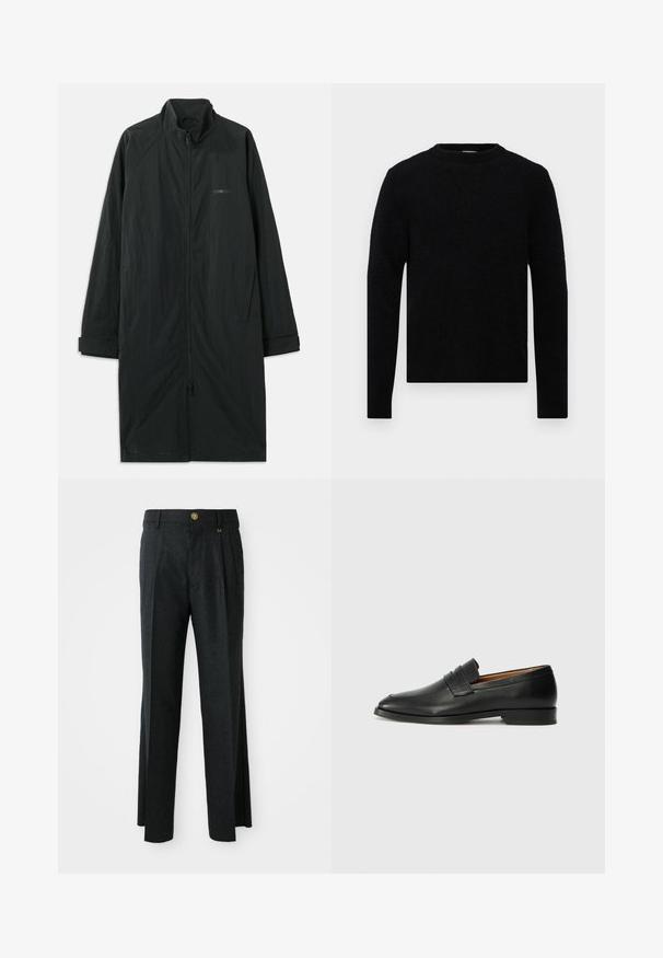 Zwarte lange jas met hoge kraag, voorzien van een volledige rits aan de voorkant en gemaakt van lichtgewicht, gestructureerde stof. Inclusief manchetten en subtiele branding.; Filippa K SWEATER - Trui - black; Donkergrijze broeken met een platte voorkant en plooien, voorzien van een gouden knoop en ritssluiting, gemaakt van een gewatteerde wolmix stof.; Zwarte leren instapper met een ronde neus, subtiele stikdetails en een lage hak, met een gladde textuur en een minimalistisch ontwerp.