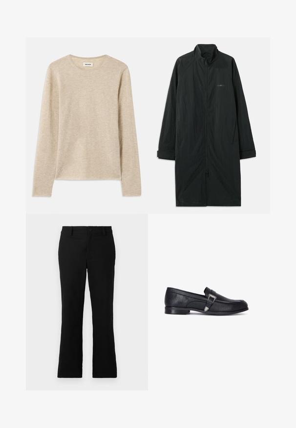 Czarny długi płaszcz z wysokim kołnierzem, wyposażony w pełny zamek błyskawiczny z przodu, wykonany z lekkiego, teksturowanego materiału. Posiada mankiety z podwijanymi rękawami oraz subtelne oznaczenia marki.; Beżowa koszula z długim rękawem, wykonana z miękkiego materiału, z okrągłym dekoltem i delikatnym detalem w postaci stębnowania w dolnym lewym rogu.; Czarne spodnie z szerokimi nogawkami wykonane z mieszanki bawełny, z zapięciem na guzik, szlufkami na pasek oraz gładką teksturą bez widocznych wzorów.; Czarne skórzane mokasyny o teksturowanym wykończeniu, z akcentem w postaci srebrnej klamry i niskim profilem, zaprojektowane do noszenia na co dzień lub na formalne okazje.