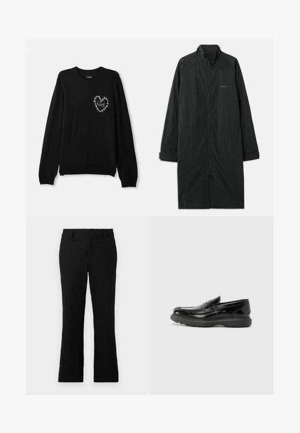 Mustad must coat kõrge kaelusega, millel on täielik esinevet zipper ja mis on valmistatud kergest tekstureeritud kangast. Sisaldab mansetiga varrukaid ja diskreetset brändimist.; Must mustriga, ümmarguse kaelusega, pikkade varrukatega, valge tikandiga südamemuster, mille aktsentideks on piiktraat ja sõna "ARMASTUS".; Mustad laiad püksid, mis on valmistatud puuvillase segukanga, millel on nööbikinnitus, vöökohad ja sile tekstuur, ilma nähtavate mustriteta.; Must musta nahk loafer läikiva viimistlusega, ümar varvas, delikaatsed õmblusdetailid ja paks kummist tallad vastupidavuse tagamiseks.