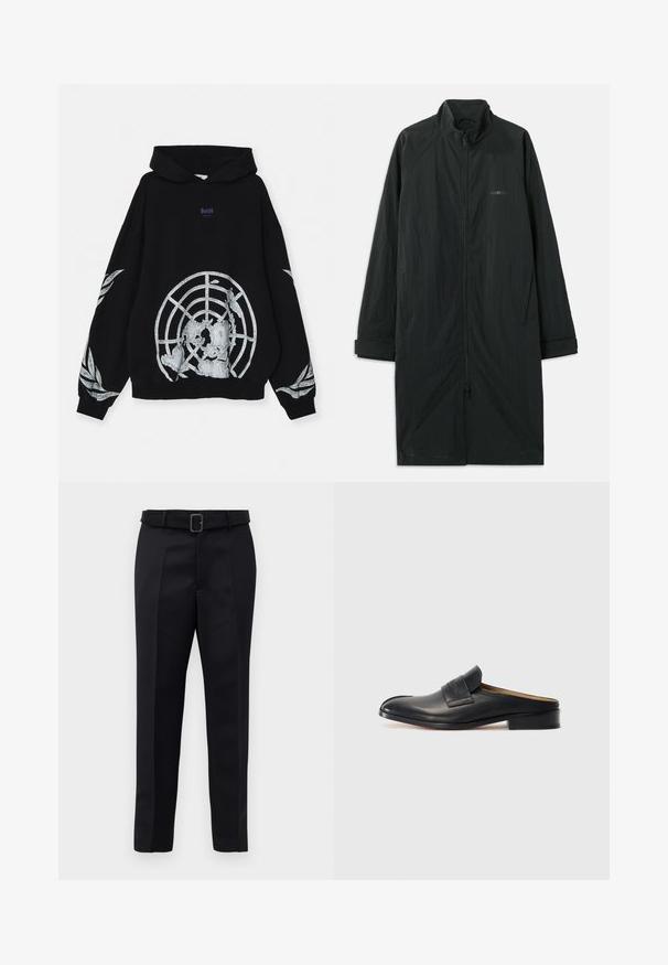 Čierny dlhý kabát s vysokým golierom, so zipsom na celej prednej strane, vyrobený z ľahkej textúrovanej tkaniny. Obsahuje manžetové rukávy a subtílne logo.; GmbH UN LOOPBACK - Mikina s kapucňou - black; Čierne nohavice na mieru majú hladkú tkaninu, rovný strih a opasok s obdĺžnikovou sponou. Výrazné predné skladky zvýrazňujú dizajn.; Čierne kožené šľapky s okrúhlou špičkou, nízkym blokovým podpätkom a predným remienkom. Hladká textúra s jemným detailom loga na remienku.