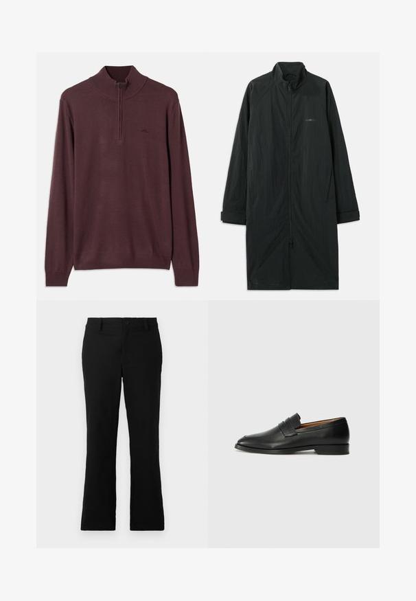 Černý dlouhý kabát s vysokým límcem, plným předním zipem a vyrobený z lehké, texturované látky. Obsahuje rukávy s manžetami a decentní branding.; Hnědý pletený svetr s dlouhým rukávem, půlzipovým límcem a žebrovanými manžetami a lemem, vystavený na bílém pozadí.; Černé rozšiřující se kalhoty vyrobené z bavlněné směsi, s knoflíkovým uzávěrem, poutky na pás a hladkou strukturou bez viditelných vzorů.; Černé kožené mokasíny s kulatou špičkou, jemným prošíváním a nízkým podpatkem, s hladkým povrchem a minimalistickým designem.