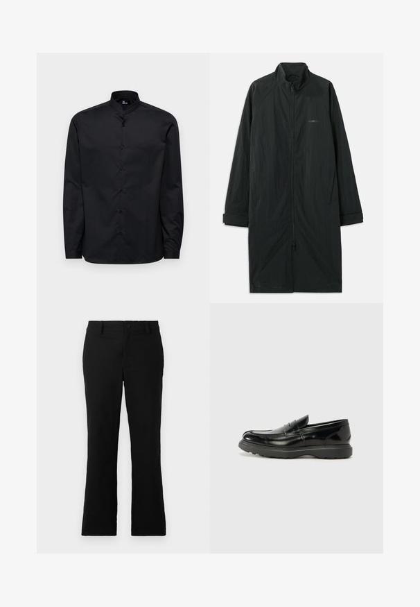 Čierny dlhý kabát s vysokým golierom, so zipsom na celej prednej strane, vyrobený z ľahkej textúrovanej tkaniny. Obsahuje manžetové rukávy a subtílne logo.; Čierna dlhá košeľa s mandarinov collars, predným zapínaním na gombíky a hladkou bavlnenou textúrou. Bez vzorov alebo ďalších akcentov.; Čierne rozšírené nohavice z bavlnenej zmesi, s gombíkovým zapínaním, pútkami na opasok a hladkým povrchom bez viditeľných vzorov.; Čierne kožené mokasíny s lesklým povrchom, okrúhlou špicou, subtilnými švami a hrubou gumovou podrážkou pre zvýšenú odolnosť.