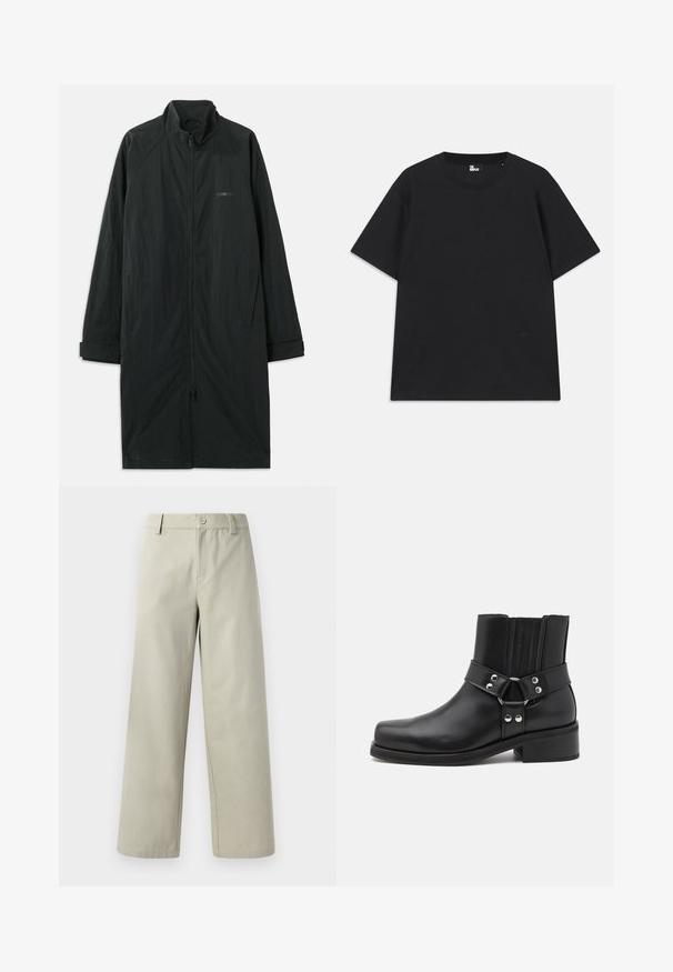 Mustad must coat kõrge kaelusega, millel on täielik esinevet zipper ja mis on valmistatud kergest tekstureeritud kangast. Sisaldab mansetiga varrukaid ja diskreetset brändimist.; Must värviline lühikeste varrukatega T-särk, mis on valmistatud puuvillast, ümmarguse kaelusega ja väikese logo detailiga allääres. Sile tekstuur, regulaarne lõige.; Han Kjøbenhavn WIDE LEG - Püksid - light grey; The Kooples CHAUSSURES - Kauboi/mootorratturi poolsaapad - black