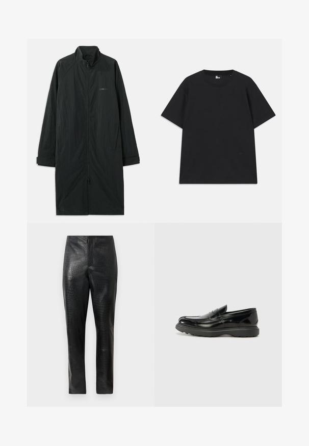 Czarny długi płaszcz z wysokim kołnierzem, wyposażony w pełny zamek błyskawiczny z przodu, wykonany z lekkiego, teksturowanego materiału. Posiada mankiety z podwijanymi rękawami oraz subtelne oznaczenia marki.; Czarna koszulka z krótkim rękawem wykonana z bawełny, z okrągłym dekoltem i małym detalem logo blisko dolnej krawędzi. Gładka faktura, standardowy krój.; Czarne spodnie z ekoskóry o subtelnej fakturze krokodyla, prosty krój nogawki i wysoki stan, prezentowane na białym tle.; Czarne skórzane mokasyny o błyszczącym wykończeniu, zaokrąglonym nosku, subtelnych detalach szycia i grubym gumowym spodzie dla trwałości.