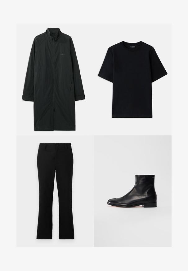 Musta pitkä takki, jossa on korkea kaulus, täysipituinen vetoketju ja kevyt, teksturoitu kangas. Mukana on hihansuut, joissa on cuffit ja hienovarainen brändäys.; Musta puuvillapaita, jossa on pyöreä kaula-aukko ja lyhyet hihat. Vasen rintatasku on koristeltu hillityllä logopistolla. Tasainen ja sileä pinta.; Mustat levenevät housut, jotka on valmistettu puuvillasekoitekankaasta. Housuissa on nappikiinnitys, vyölenkit ja sileä rakenne ilman näkyviä kuvioita.; Musta sileä nahkasaapas nilkkamittaisella matalalla korolla ja pyöreällä varvalla, esitetty sivulta valkoista taustaa vasten.