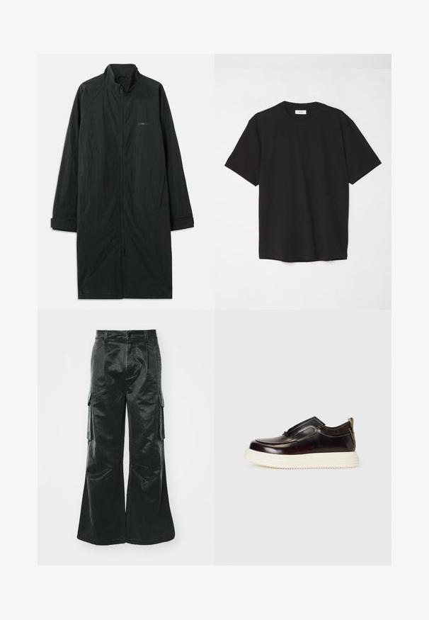 Black long coat with a high collar, featuring a full front zipper, and made of lightweight, textured fabric. Includes cuffed sleeves and subtle branding.; Black cotton t-shirt with a crew neck, short sleeves, and a relaxed fit. Simple design, smooth texture, and no visible patterns or logos.; Black wide-leg cargo pants with a shiny texture. Features side pockets, a button closure, and stitched detailing along the seams.; Brown leather slip-on shoe with a rounded toe, contrasting white platform sole, and minimal stitching detail along the edges.