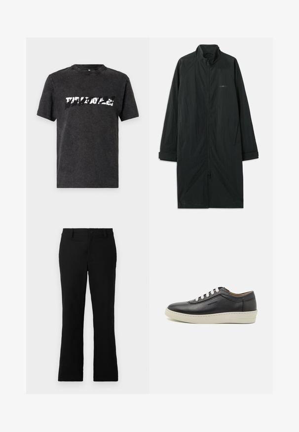 Černý dlouhý kabát s vysokým límcem, plným předním zipem a vyrobený z lehké, texturované látky. Obsahuje rukávy s manžetami a decentní branding.; Černé bavlněné tričko s kulatým výstřihem, které má na hrudi výrazný, opotřebovaný bílý grafický design. Krátké rukávy.; Černé rozšiřující se kalhoty vyrobené z bavlněné směsi, s knoflíkovým uzávěrem, poutky na pás a hladkou strukturou bez viditelných vzorů.; Černé kožené tenisky s bílou gumovou podrážkou, kulatou špičkou a plochými tkaničkami, se švy po stranách a jemným brandingem.