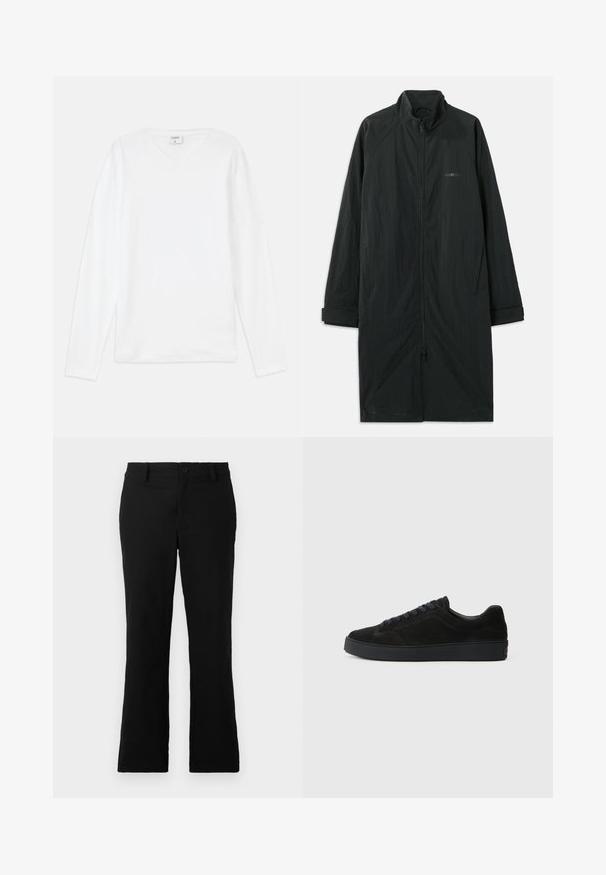 Čierny dlhý kabát s vysokým golierom, so zipsom na celej prednej strane, vyrobený z ľahkej textúrovanej tkaniny. Obsahuje manžetové rukávy a subtílne logo.; Biely dlhý rukáv s výstrihom do V, vyrobený z jemného materiálu, s voľným strihom a bočnými rozparkami pre pohodlný pohyb.; Čierne rozšírené nohavice z bavlnenej zmesi, s gombíkovým zapínaním, pútkami na opasok a hladkým povrchom bez viditeľných vzorov.; Čierne semišové tenisky s plochou, textúrovanou podrážkou, zaoblenou špičkou, šiestimi očkami na šnúrky a minimalistickým dizajnom.