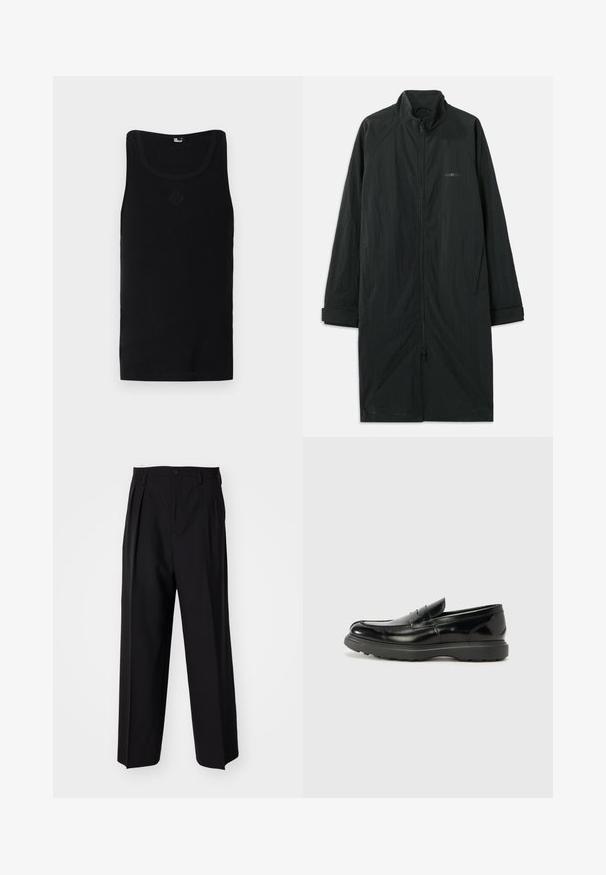 Black long coat with a high collar, featuring a full front zipper, and made of lightweight, textured fabric. Includes cuffed sleeves and subtle branding.; Black tank top made of cotton with a ribbed texture, features a crew neckline and a small emblem embossed on the front.; Black pleated trousers with a straight, wide-leg design. Made from smooth fabric, featuring a button closure and belt loops.; Black leather loafer with a glossy finish, rounded toe, subtle stitching details, and a thick rubber sole for durability.