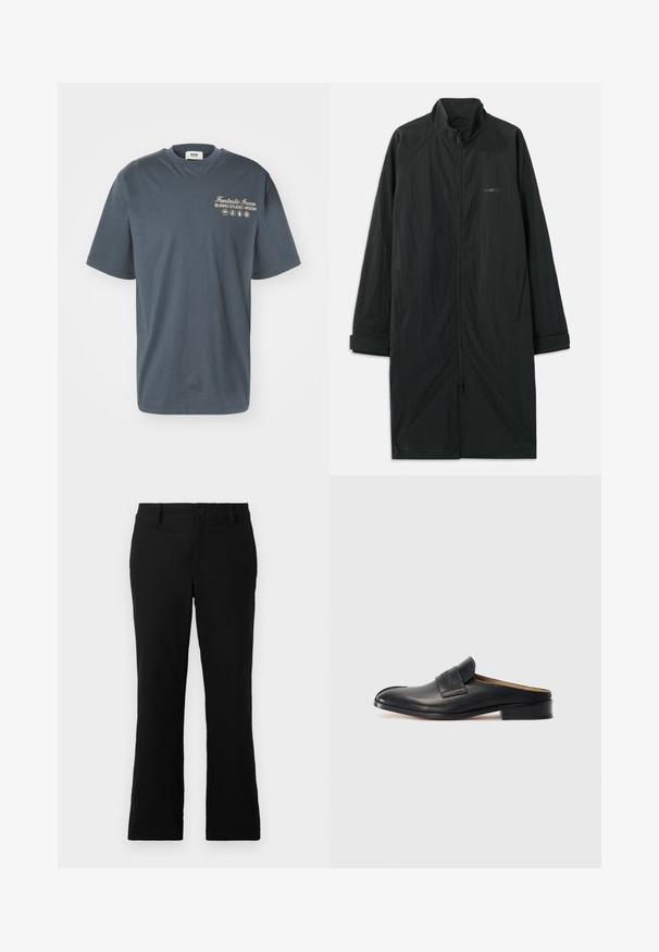 Černý dlouhý kabát s vysokým límcem, plným předním zipem a vyrobený z lehké, texturované látky. Obsahuje rukávy s manžetami a decentní branding.; MSGM Triko s potiskem - grey; Černé rozšiřující se kalhoty vyrobené z bavlněné směsi, s knoflíkovým uzávěrem, poutky na pás a hladkou strukturou bez viditelných vzorů.; Černá kožená slip-on obuv s kulatou špičkou, nízkým blokovým podpatkem a předním páskem. Hladký povrch s jemným logem na pásku.