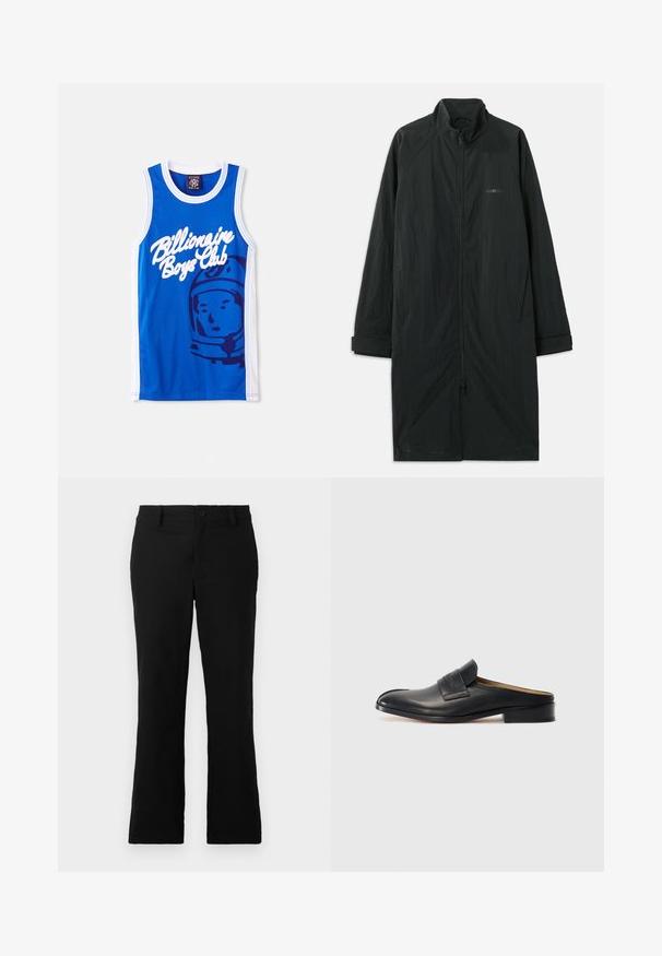 Caban lung negru cu guler înalt, cu un fermoar complet pe față, realizat dintr-un material ușor, texturat. Include mâneci cu manșete și un branding subtil.; Top din plasă bleu, cu logo-ul alb "Billionaire Boys Club" și o grafică cu un astronaut. Finisaje albe pe mâneci și la gât.; Pantaloni negri evazați dintr-un amestec de bumbac, având închidere cu nasture, cleme pentru curea și o textură netedă, fără modele vizibile.; Pantof cu talpă interioară din piele neagră, cu vârful rotunjit, toc mic blocat și o curea frontală. Textură netedă cu un detaliu subtil al logo-ului pe curea.