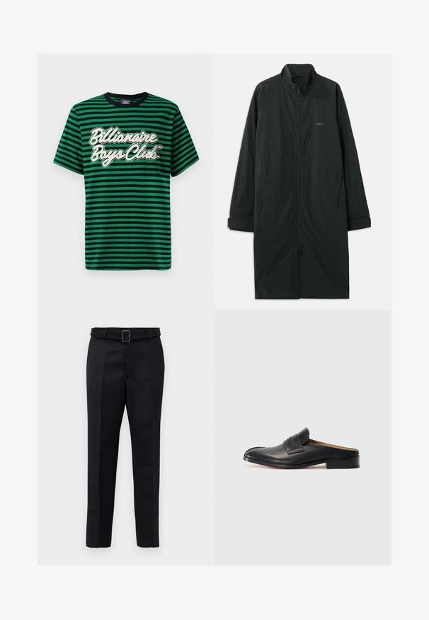 Mustad must coat kõrge kaelusega, millel on täielik esinevet zipper ja mis on valmistatud kergest tekstureeritud kangast. Sisaldab mansetiga varrukaid ja diskreetset brändimist.; Roheline ja must triibuline t-särk, mis on valmistatud puuvillast, millel on valge graafiline "Billionaire Boys Club" logo, ümardatud kaelus ja lühikesed varrukad.; Mustad mustad püksid on valmistatud siledast kangast, sirgelt lõigatud ja beldiga vöökoht, millel on ristkülikukujuline pandla. Märkimisväärsed esisellukid täiustavad disaini.; Must musta libisemisega king, ümarate varvaste ja madala ploki kandaga, millel on eesmine rihm. Sile tekstuur koos peene logo detailiga rihmal.