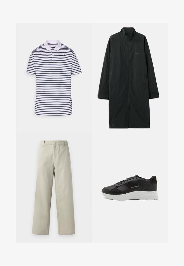 Zwarte lange jas met hoge kraag, voorzien van een volledige rits aan de voorkant en gemaakt van lichtgewicht, gestructureerde stof. Inclusief manchetten en subtiele branding.; Gestreepte poloshirt in wit en marineblauw, gemaakt van een katoenmix. Heeft een kraag, twee knopen en een klein zwart Nike-logo op de borst.; Han Kjøbenhavn WIDE LEG - Broek - light grey; Zwarte leren sneaker met suede accenten, ronde neus, witte rubberen zool en gestikte details. Logo op de zijkant gedrukt. Klassiek veterontwerp.