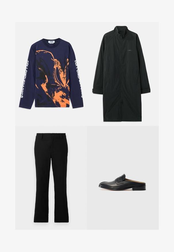 Svart lång kappa med hög krage, utrustad med en hel dragkedja fram, och tillverkad av lätt, texturerad tyg. Inkluderar manschetter och subtil logotyp.; Marinblå långärmad t-shirt i bomull med ett abstrakt mönster i orange och svart. Texten på ärmen säger "FÖLJ KANINEN."; Svarta utsvängda byxor i bomullsblandning, med knappstängning, bälteshällor och en mjuk textur utan synliga mönster.; Svart läder slip-on sko med rund tå, låg blockklack och ett framrem. Slät textur med subtil logotypdetalj på remmen.