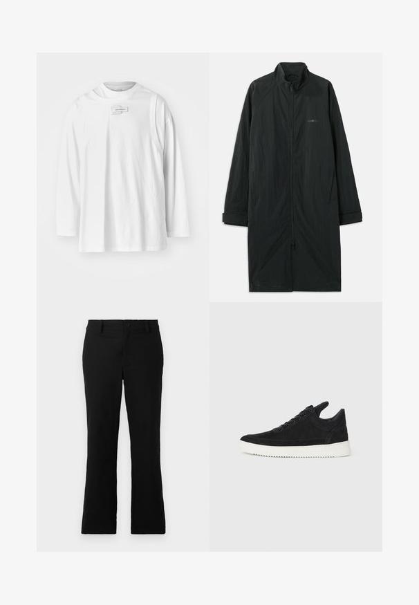 Svart lang frakk med høy krage, med hel frontglidelås, laget av lett, strukturert stoff. Har mansjetter og diskret merke.; Feng Chen Wang DECONSTRUCTION UNISEX - Topper langermet - white; Svarte vide bukser laget av en bomullsblanding, med knappelukking, beltehemper og en glatt tekstur uten synlige mønstre.; Sorte semskede sneakers med hvit gummisåle, med tonale sømmer og snøring. Glatt tekstur med en moderne, strømlinjeformet form.