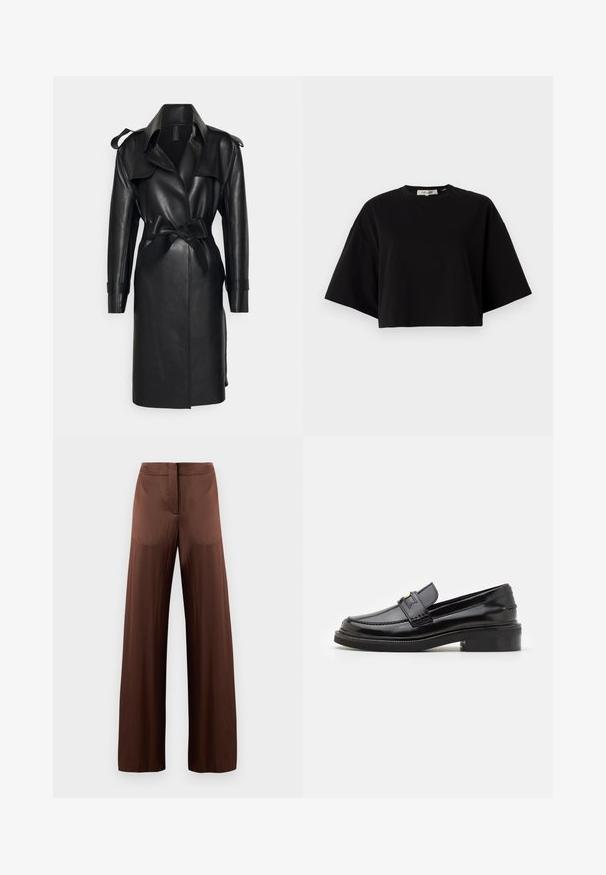 Norma Kamali DOUBLE BREASTED - Trenchcoat - black; Black cropped t-shirt made of cotton, featuring a round neckline and short, wide sleeves for a loose fit. Smooth texture, simple design.; Brown wide-leg trousers made of smooth, lightweight fabric, featuring a flat front, no pockets, and a straight silhouette.; Black patent leather loafer with a smooth finish, a stitched detailing at the front, and a low block heel for support. Gold accent on the strap.