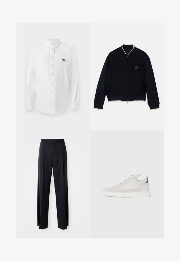 Marine bomberjack gemaakt van zachte fleece met een ritssluiting. Kenmerkt zich door een contrasterende beige kraag, zijzakken en een gestructureerde logo patch.; Witte button-down blouse met lange mouwen, met een subtiele textuurstof en een geborduurd, multicolore paardenaccent op de linkerkant van de borst.; Zwarte, hooggewaisted broeken met een brede pijp, gemaakt van een gladde stof. Voorzien van voorkanten met plooien en riemlussen. Minimalistisch ontwerp, geen zichtbare hardware.; Witte leren sneakers met grijze suède accenten, vetersluiting, een trekhaak en een gestructureerde rubberen zool met een zigzagpatroon.