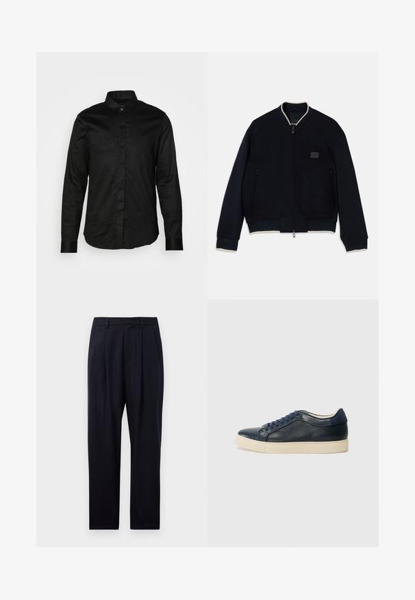 Námořnická bomber bunda vyrobená z měkkého fleecu s zipovým uzávěrem. Obsahuje kontrastní béžový límec, boční kapsy a texturovanou nášivku s logem.; Černá dlouhá rukávová košile z hladkého materiálu, s límcem, knoflíkovým zapínáním vpředu a kontrastními manžetami. Žádné viditelné vzory ani grafika.; Námořnické modré kalhoty rovného střihu, s texturovanou tkaninou, dvěma předními sklady, poutky na opasek a zapínáním na zip.; Námořnické modré kožené tenisky s krémovou gumovou podrážkou, s modrými tkaničkami a hladkým povrchem. Kulatá špička a minimalistický design.